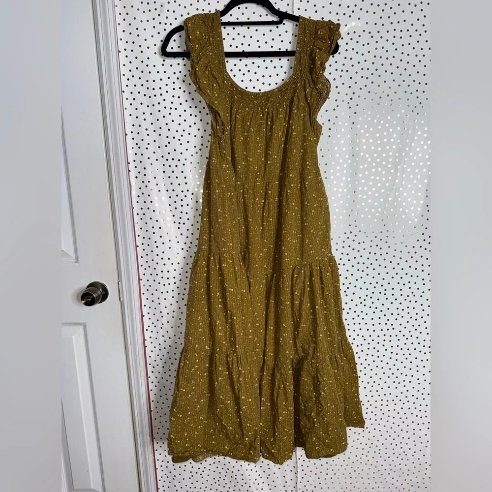 Madewell Ruffle Sleeve Tiered Midi Dress Daisy Stitch Olive